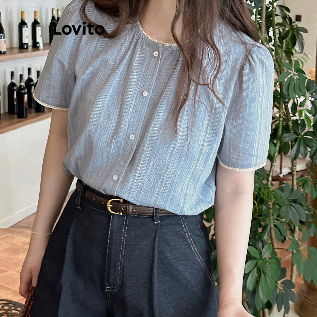 Detalhes do Lovito Blusa Casual Listrada Com Botões Blusa De Verão Para Mulheres L99ED673