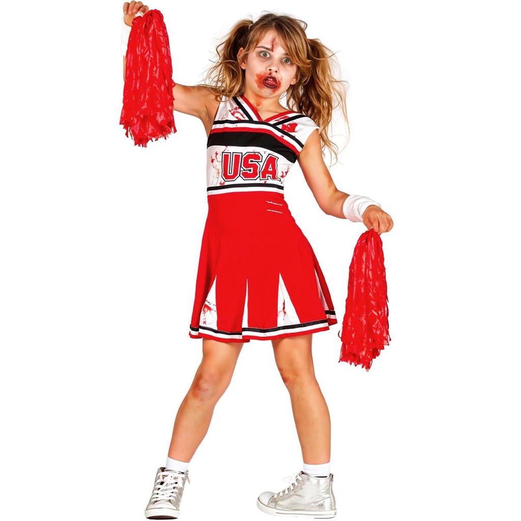 Fantasia Halloween Infantil pra Menina com Sangue Vestido Líder de Torcida Zumbi EUA USA