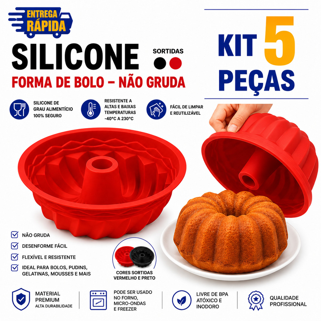 Combo 5 Formas de Bolo em Silicone Assadeira Redonda Pudim Mousse Aer Fryer Forno Cor Sortida Utilidades