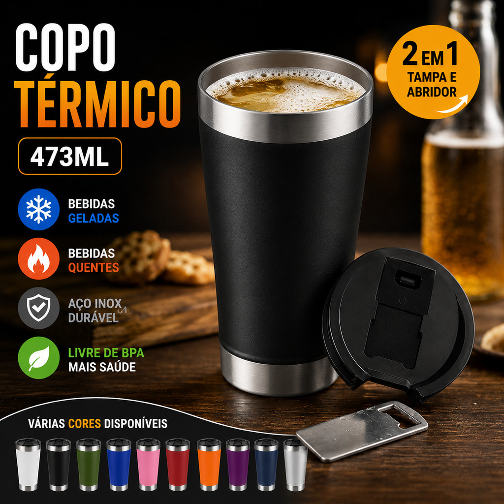 Copo Térmico 473ml com Tampa e Abridor - Inox, Parede Dupla a Vácuo | Mantém a Temperatura por Muito Tempo