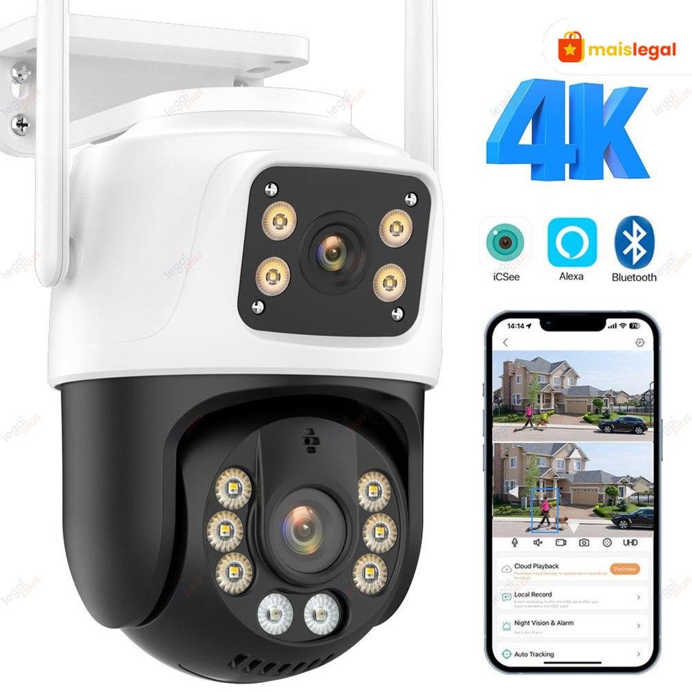 Câmera De Segurança Lente Dupla ICSEE IP66 Wi-Fi 360° Sensor Movimento Visão Noturna 2 em 1 Fixa APP ICSEE