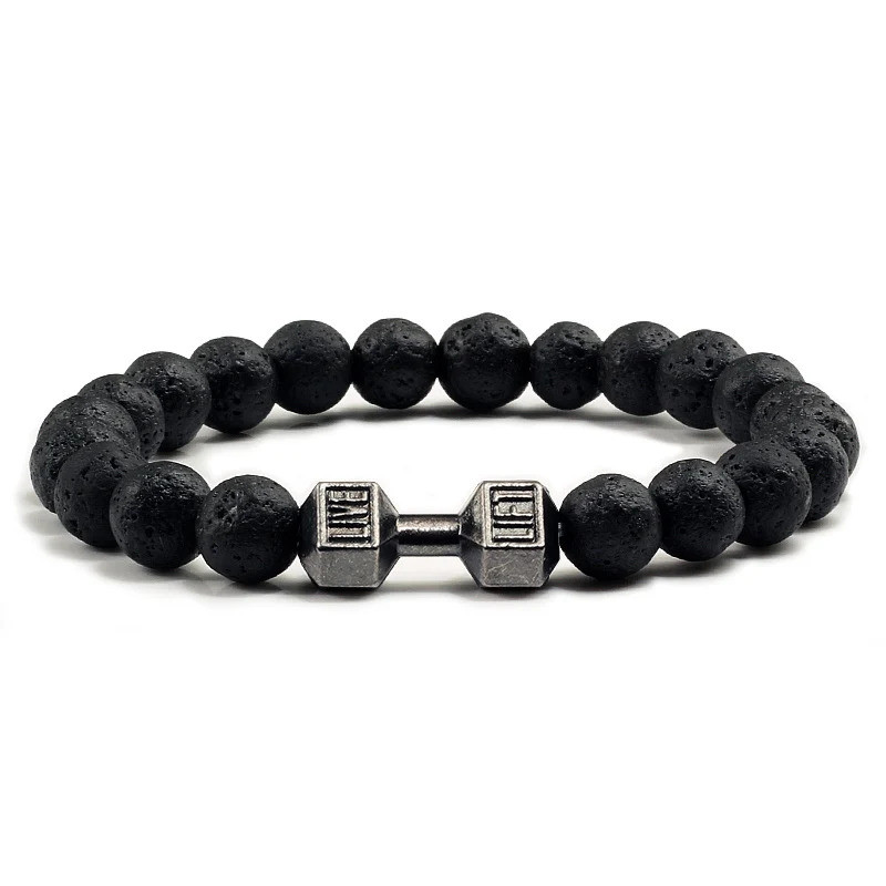 Pulseira de pedra vulcânica Natural masculina, preta fosca, Lava, contas brancas, pingente, haltere, pulseira com contas