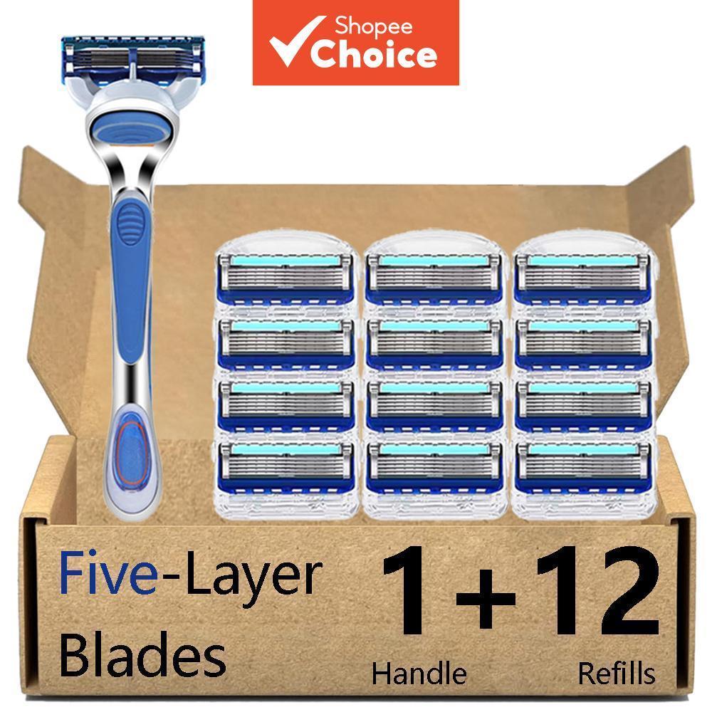 Conjunto De Barbeador Manual Masculino De 5 Camadas-1 Alça E 12 Lâminas , Barbear Suave Confortável , Kit De Higiene Com