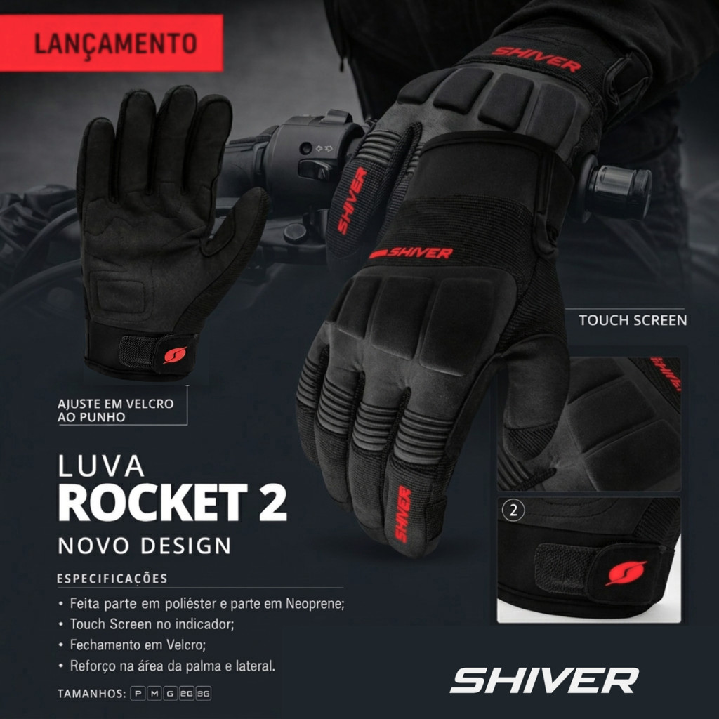 Kit Luva Moto Shiver Rocket 2 Preta Vermelha Touch Screen E Luva Termica Base Frio Inverno 2 Pele Masc Tamanho P M G GG