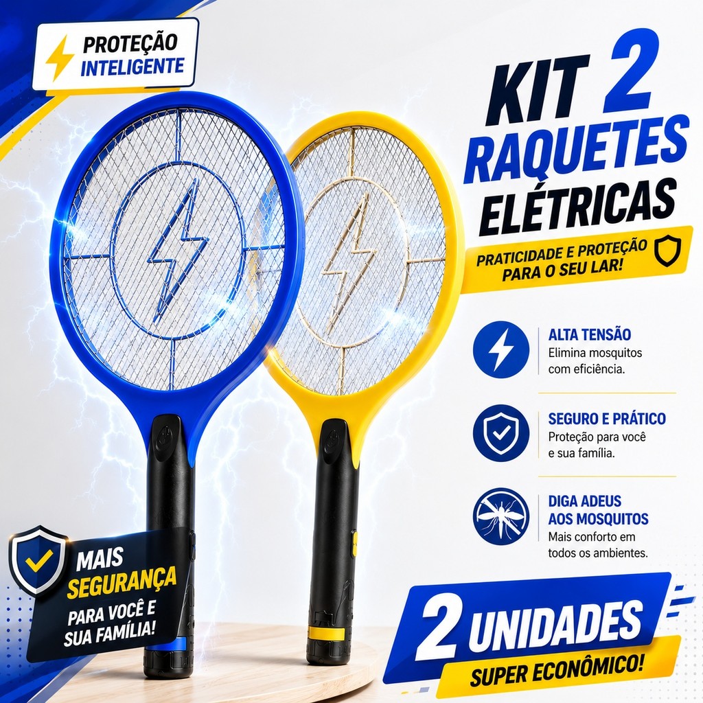 Kit 2 Raquetes Elétricas Mata Mosquito Recarregáveis Bivolt 110V/220V Mata Insetos
