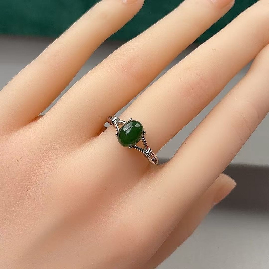 Natural Hetian jade Jasper anel requintado moda espinafre verde senhoras ajustável requintado Premium jade anel 4.30 A1