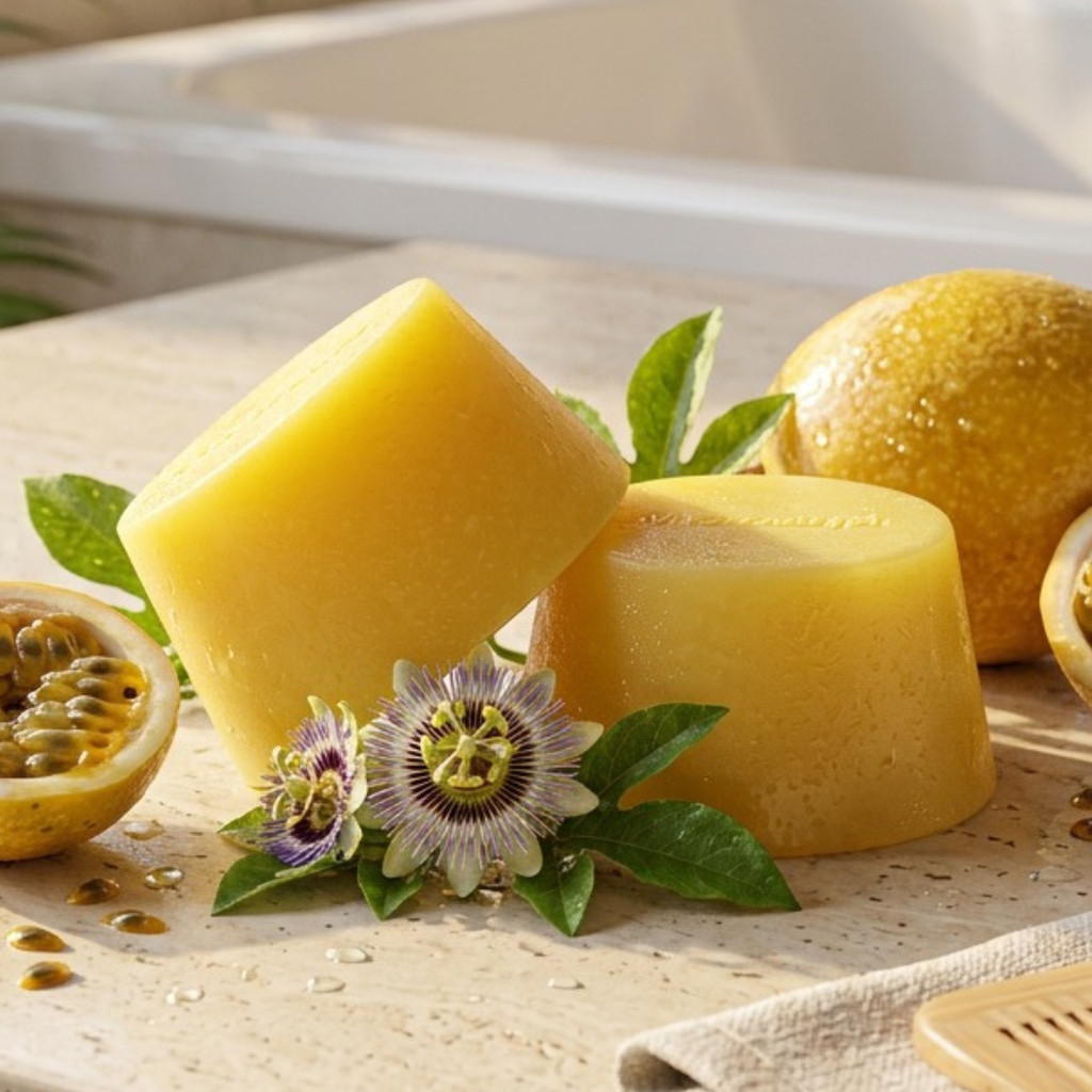 Xampu e Condicionador Sólidos Maracujá & Girassol | Hidratação + Controle de Oleosidade | Vegano & Ecológico