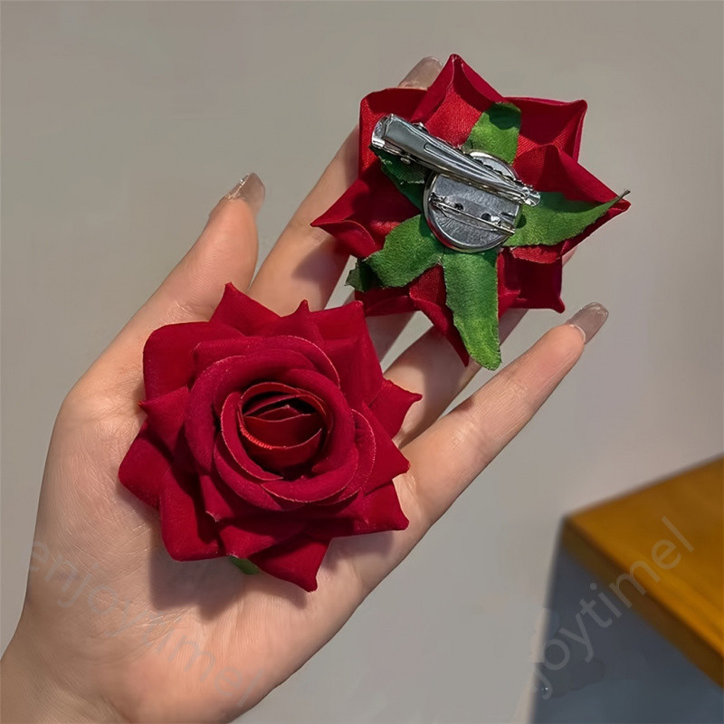 2 peças de broche e presilha de cabelo em veludo vermelho vintage com flor de rosa 3D, acessório floral de fibra acrílic
