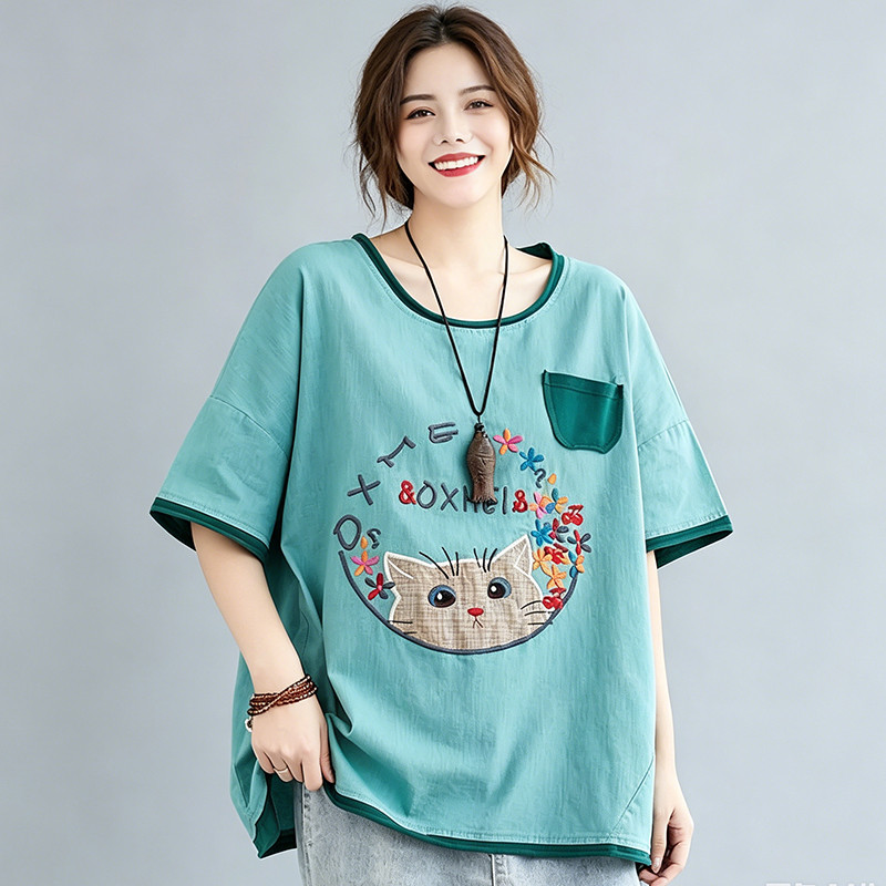 [Roupas femininas Plus size] Camiseta solta Casual de manga curta 150kg pode usar 150kg Roupas femininas de tamanho Extr