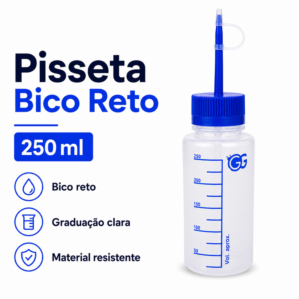 Pisseta Graduada Bico Reto 250ml Almotolia Frasco Plástico Laboratório Dosador Líquidos
