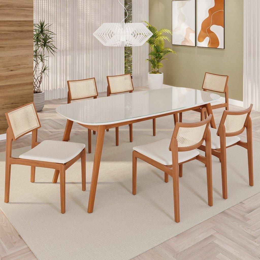 Sala de Jantar Mesa 180x80cm Tampo em Mdf com Vidro 6 Cadeiras em Linho Ceci Yescasa