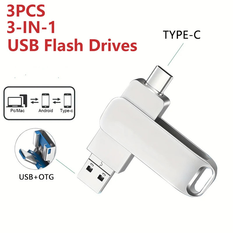 3 unidades de pen drive USB 3 em 1 de 128GB, 64GB, 32GB, 16GB, 8GB, USB 2.0 de alta velocidade, pen drive metálico tipo-
