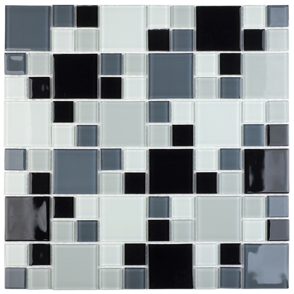 Pastilha de Vidro Cristal de 29cm X 29cm Rende  Glass Mosaic Branco/Cinza/Preto