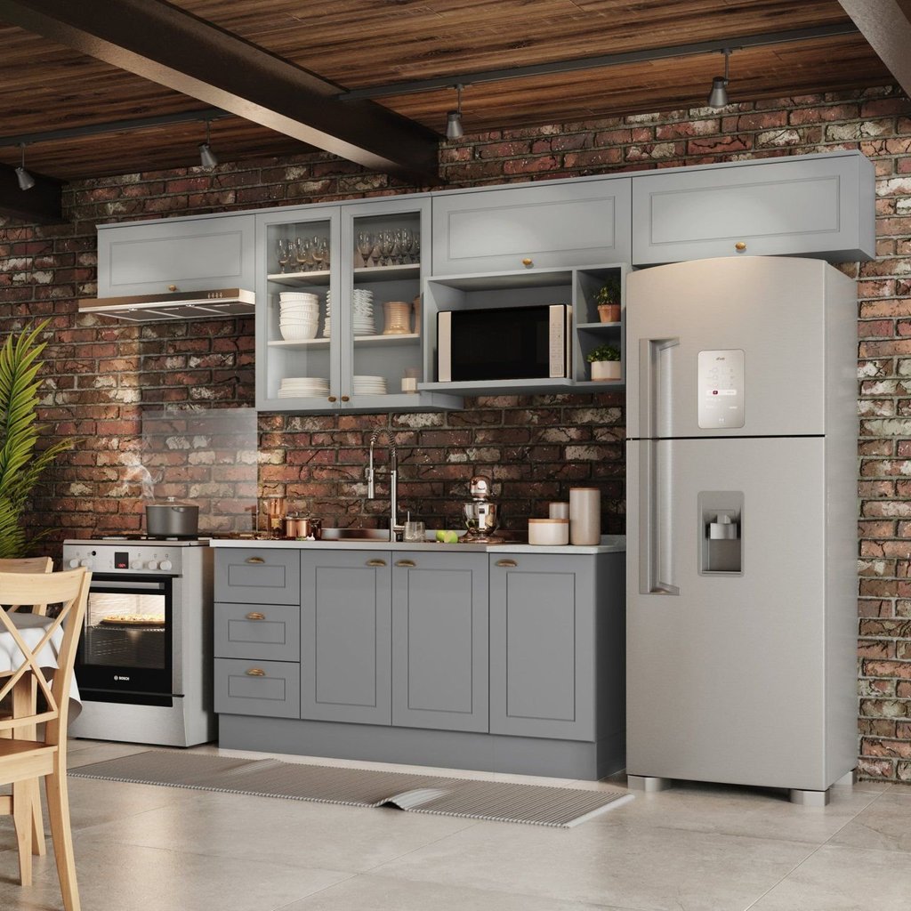 Cozinha Compacta Modulada 7 Peças Emily Espresso Móveis Cinza/Calcare Cinza/Calcare