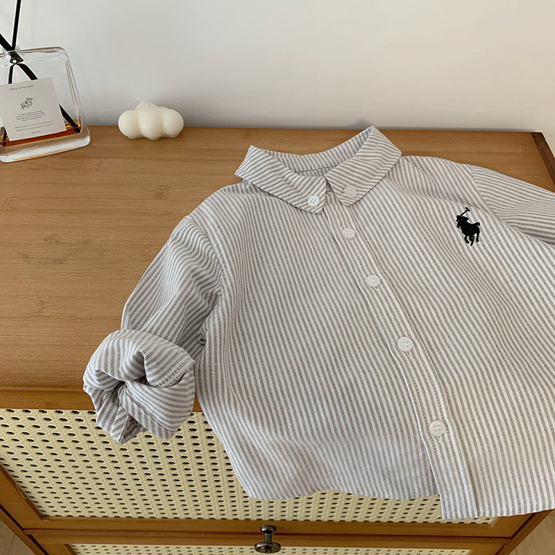 Meninos temperamento camisa cinza primavera outono estilo crianças bonito listrado camisa de algodão de manga comprida o