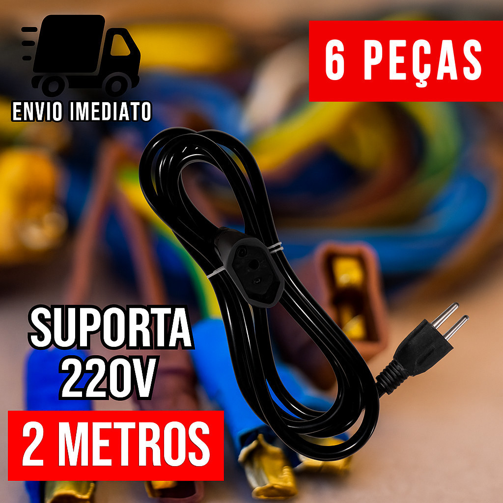 Kit 6 Extensão Elétrica e Prolongador Preto Extensor de Cabo 2 Metros e Bivolt 110v e 220v
