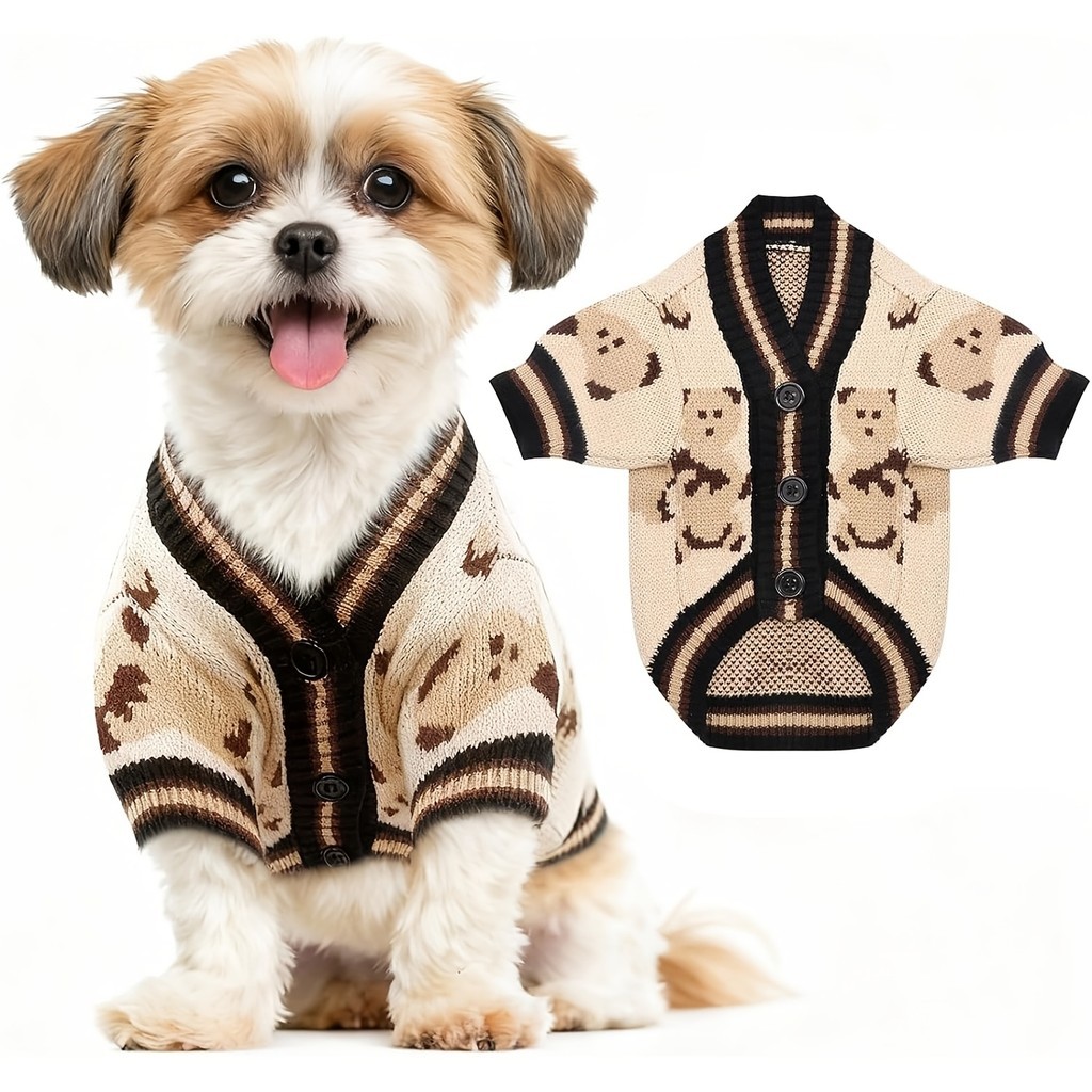 Suéter Cardigã Para Cachorro Com Fecho De Botão – Roupas De Malha Quente Estampa De Urso Primavera E Verão , Camisa De C