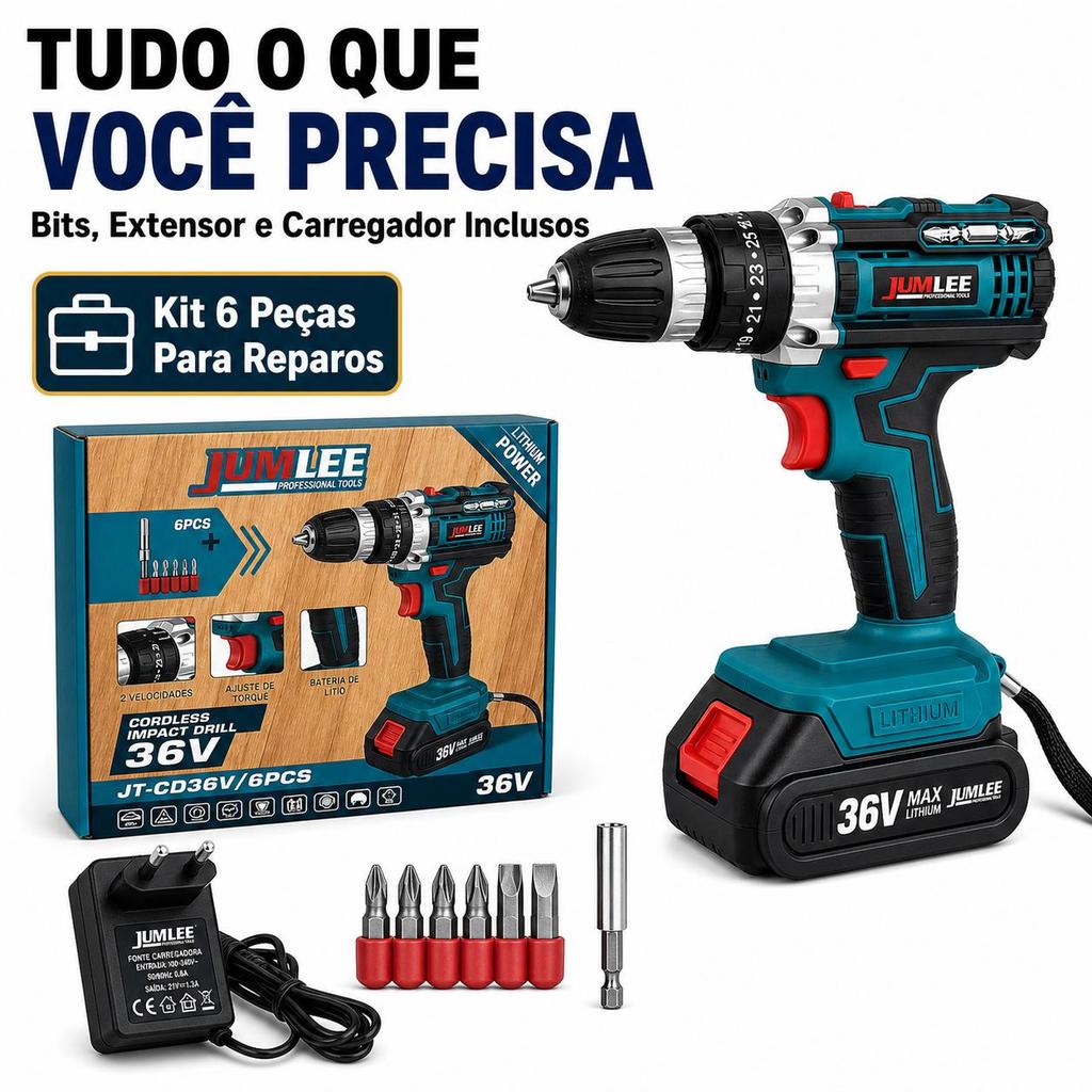 JUMLEE-Conjunto de 6 peças-Parafusadeira e Furadeira À Bateria 36v Sem Fio Bivolt Azul-celeste 50hz/60hz-Ferramentas e h