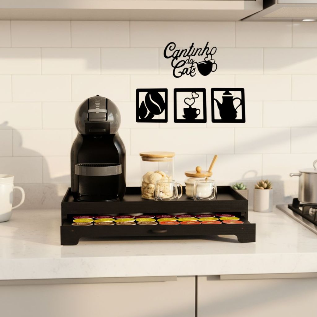 Bandeja Grande Dolce Gusto Cantinho do Café Porta 40 Cápsulas Gaveta Suporte Cafeteira Apliques MDF