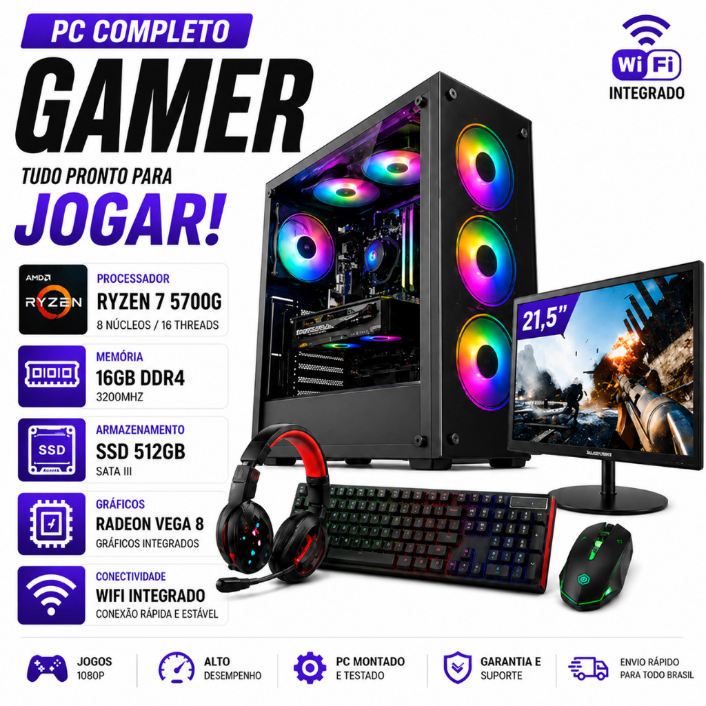 Pc Completo Gamer Ryzen 7 5700g Ssd 512gb 16gb 3200MHZ Monitor 21,5'' - Kit Gamer: Teclado, Mouse e Headset