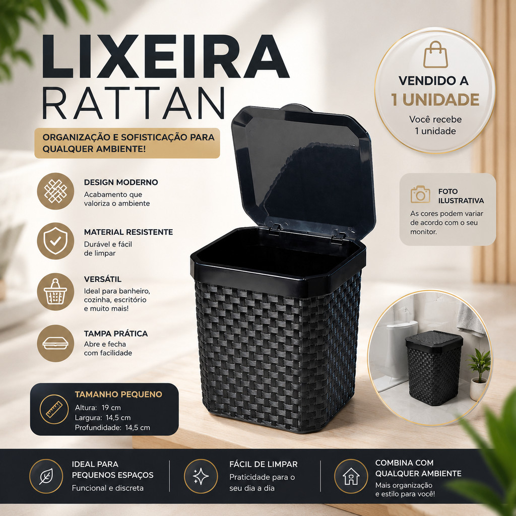 Lixeira DePia Rattan 5 Litros Preta Com Tampa Cozinha Banheiro Escritório Lixeira Pia Arqpalst