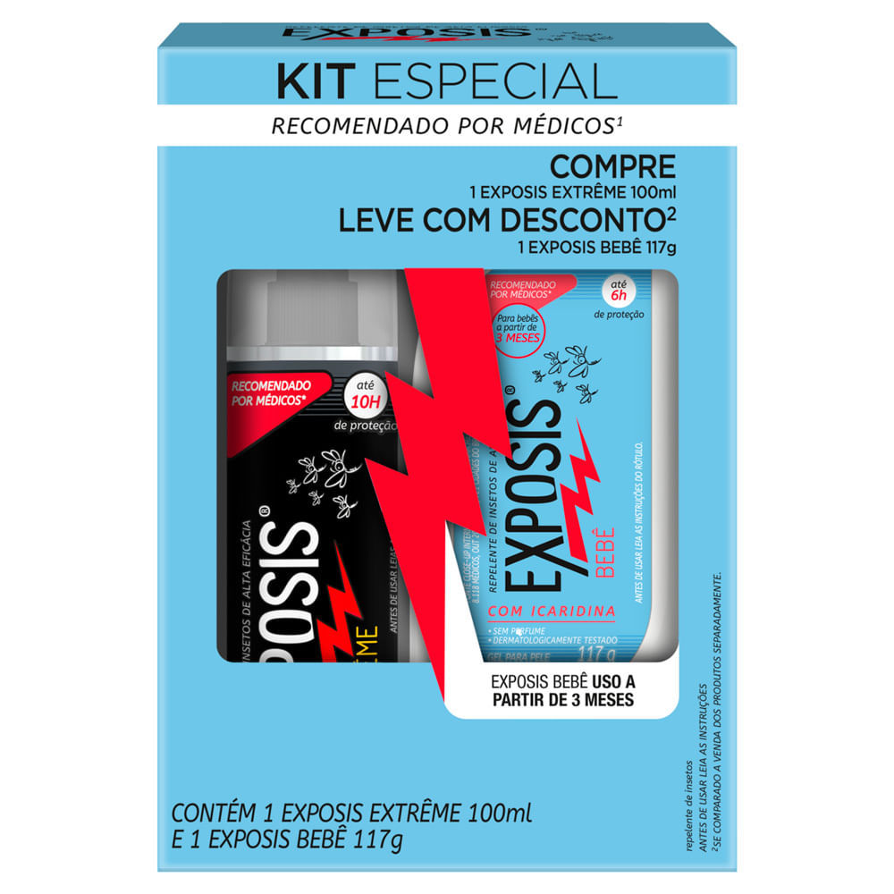 Repelente Exposis Extrême Spray 100ml e Leve com Desconto Repelente Exposis Bebê Sem Perfume Gel 117g