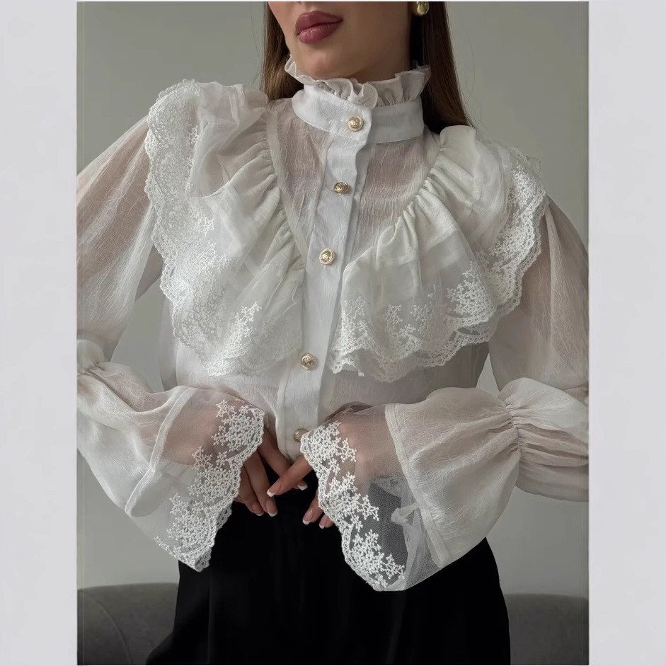 Camisa Feminina Estilo Palácio Gola Chiffon Ocidental Com Babados