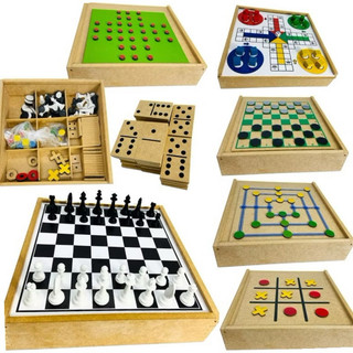 Tabuleiro Jogos  Clássicos 7 em 1 Dama Xadrez Ludo Trilha Dominó Velha Resta 1 Madeira
