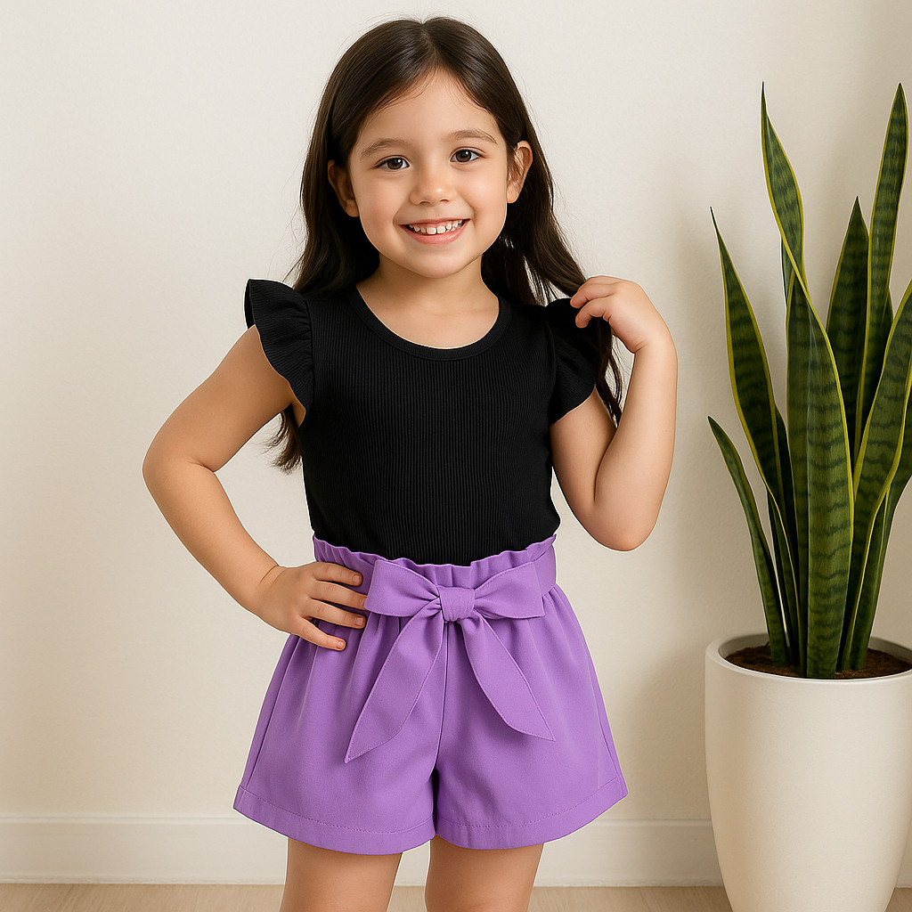 Conjunto infantil Blusa babado - short alfaiataria infantil menina / moda verão infantil
