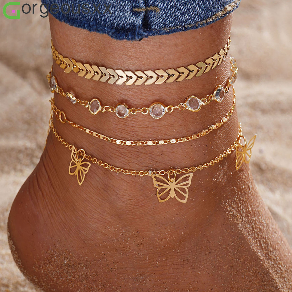 [Gorgeousxx] Conjunto De Tornozeleiras Em Camadas Com Pingente De Borboleta Oca Requintada Para Mulheres Joias De Tornoz