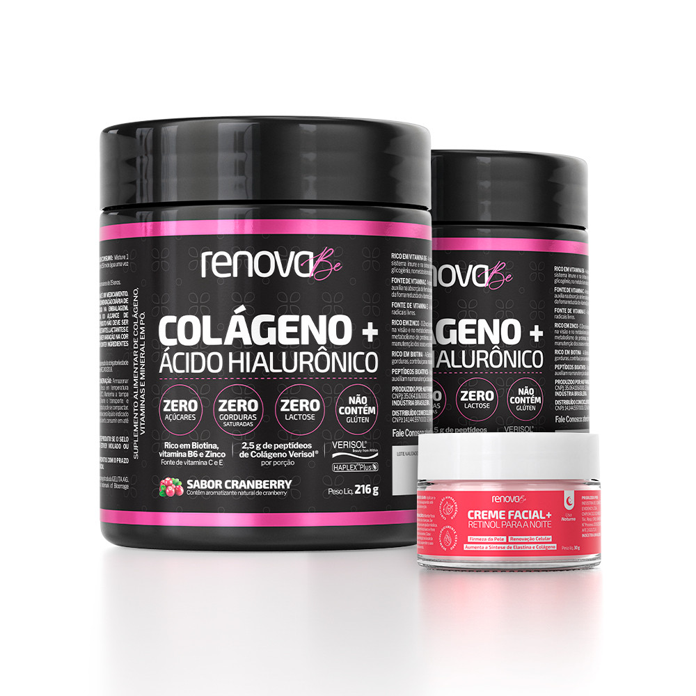 Kit 2 Potes Renova Be Colágeno Verisol Com Biotina E Ácido Hialurônico + Creme Facial Retinol em Oferta na Shopee