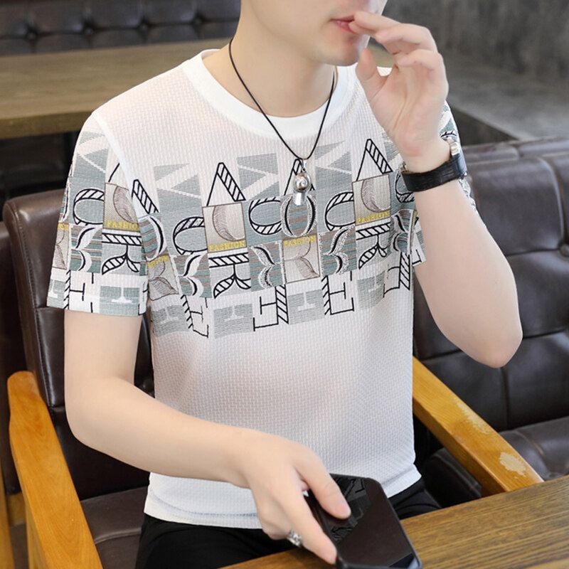 Masculino seda gelo sem costura Jacquard moda Casual na moda masculino Anti-rugas legal#男士冰丝无痕提花时尚休闲潮流男士抗皱凉