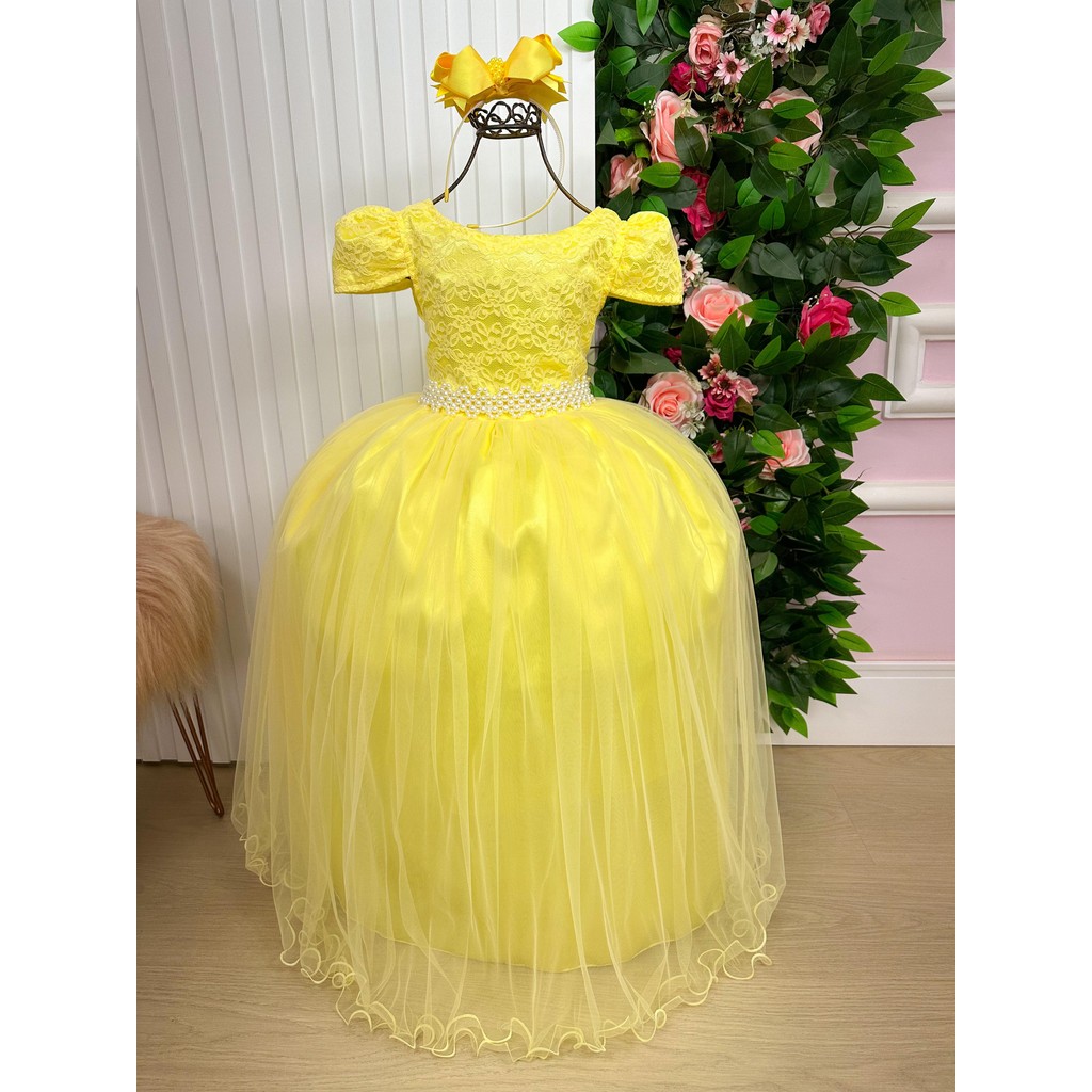 Vestido Infantil Menina Longo Peito Rendado Amarelo Dama De Honra Daminha Formatura Casamento