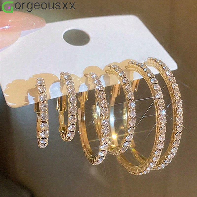 [Gorgeousxx] Conjunto De Brincos De Argola De Strass Retrô Brilhantes Y2K Para Mulheres Joias De Festa Luxuosas