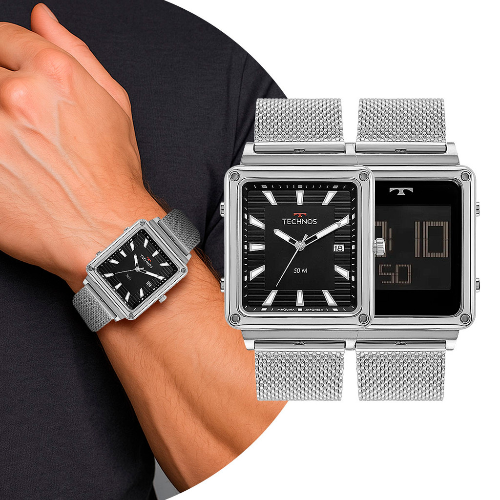 Relógio Masculino Digital e Analógico Prata Dupla Face de Pulso Quadrado Luxo Elegante Social Casual Technos Original