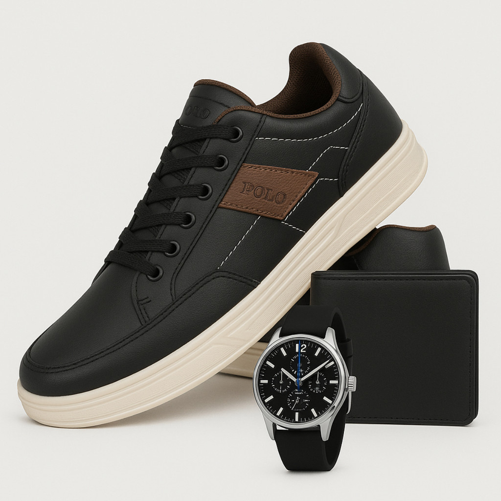 Tenis Couro Eco Masculino Sapatenis Kit Relogio Carteira Air Relogio Polo Sapatenis em Oferta na Shopee