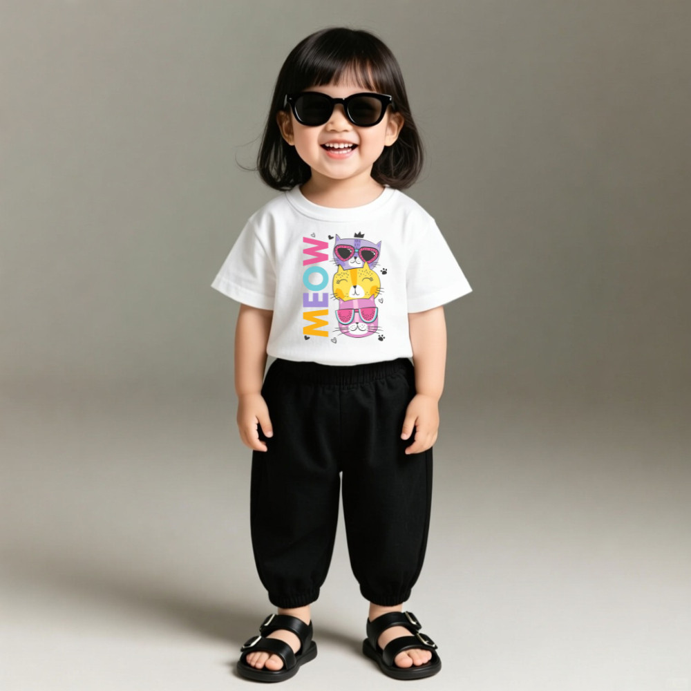 Camiseta Infantil  Blusa Manga Curta Estampada Gatinhos Coloridos Algodão Camiseta Infantil feminina 100% Algodao