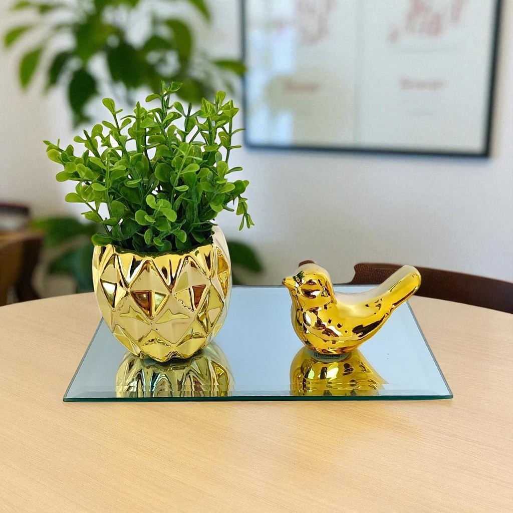 Kit Decoração Vasinho Baixo e Passarinho Sala Vaso Cerâmica Enfeite de Mesa
