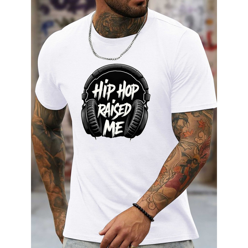 Bonito Camiseta Masculina De Algodão Estilo Hip Hop Street Com Estampa De Fones De Ouvido "Hip Hop Raised Me"
