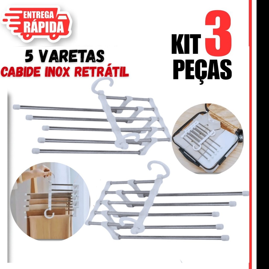 3 Peças de Cabide Mágico Inox Retrátil 5 Varetas Calças Otimiza Espaço Premium Utilidades