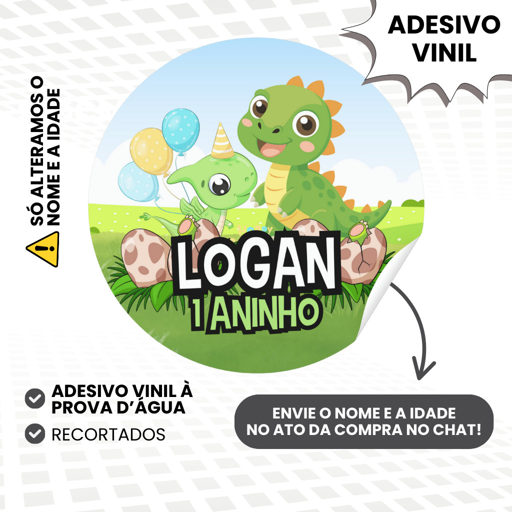Adesivo Vinil Personalizado Dinossauro Dino Baby para Lembrancinhas de Aniversário Infantil