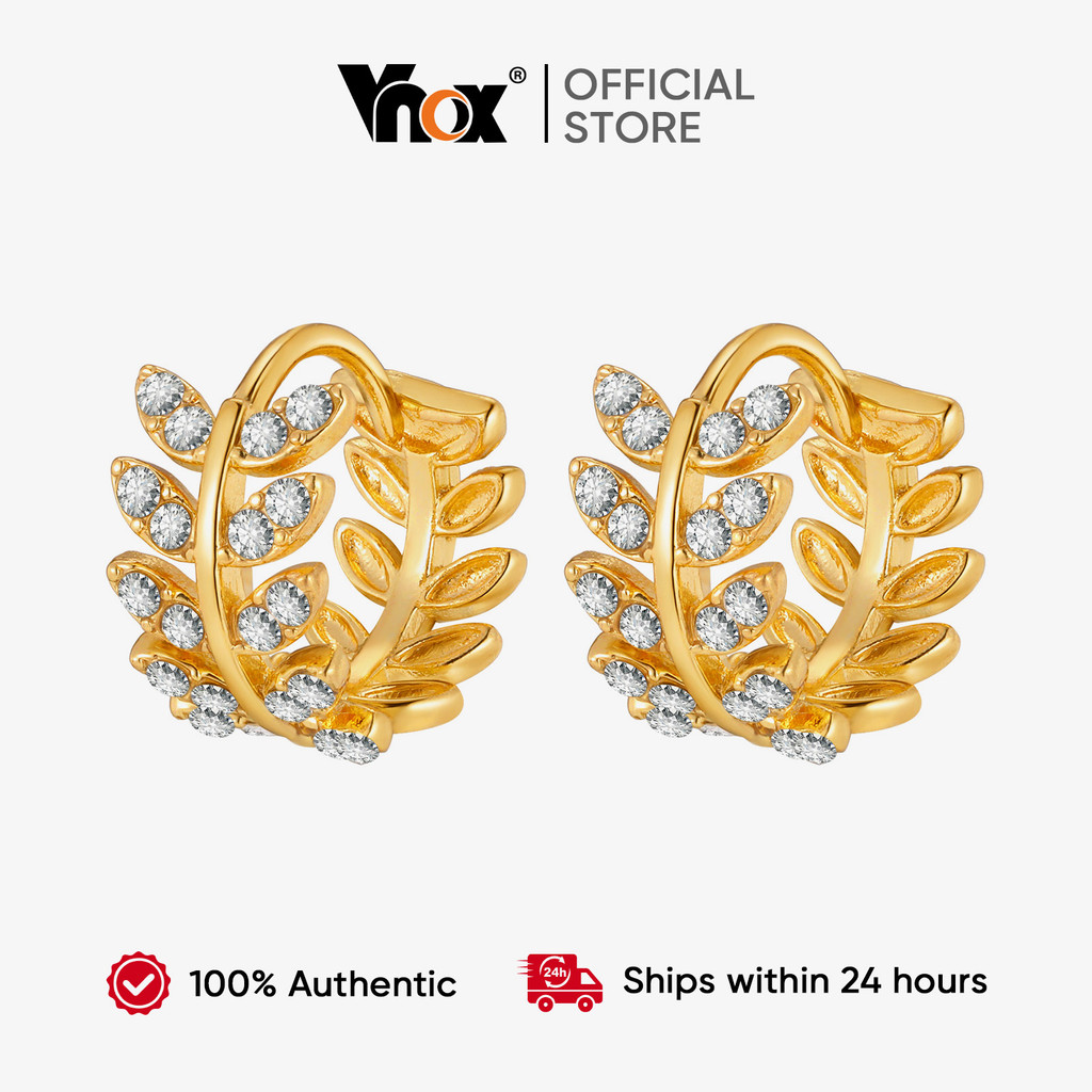 Brincos De Argola Com Folhas Brilhantes Cúbicas De Zircônia Vnox , Joias Femininas Hipoalergênicas Banhadas A Ouro Delic em Oferta na Shopee