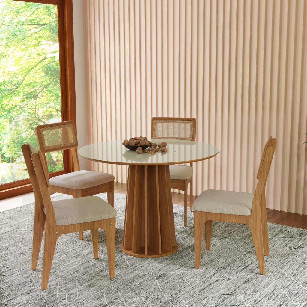 Conjunto Sala de Jantar Mesa Redonda Nature com 4 Cadeiras Tela Sintética em Oferta na Shopee