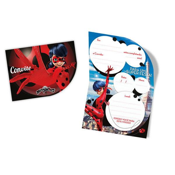 Convite de Aniversário Ladybug Miraculous C/ 8 Unidades Regina Festas