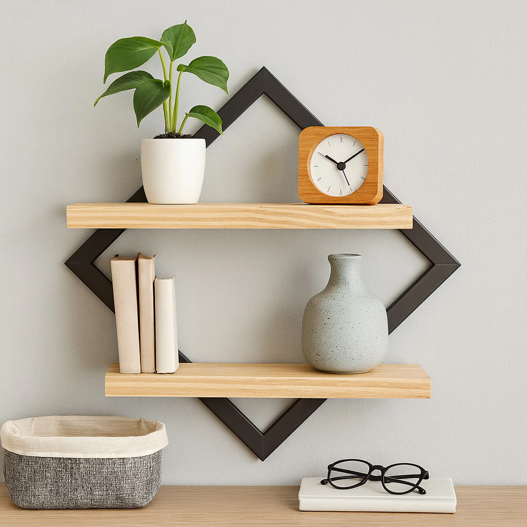 Quadro Decorativo Em Pinus Prateleira Dupla Nicho Expositor Organizador Decoração De Parede Com Bordas — imagem 1