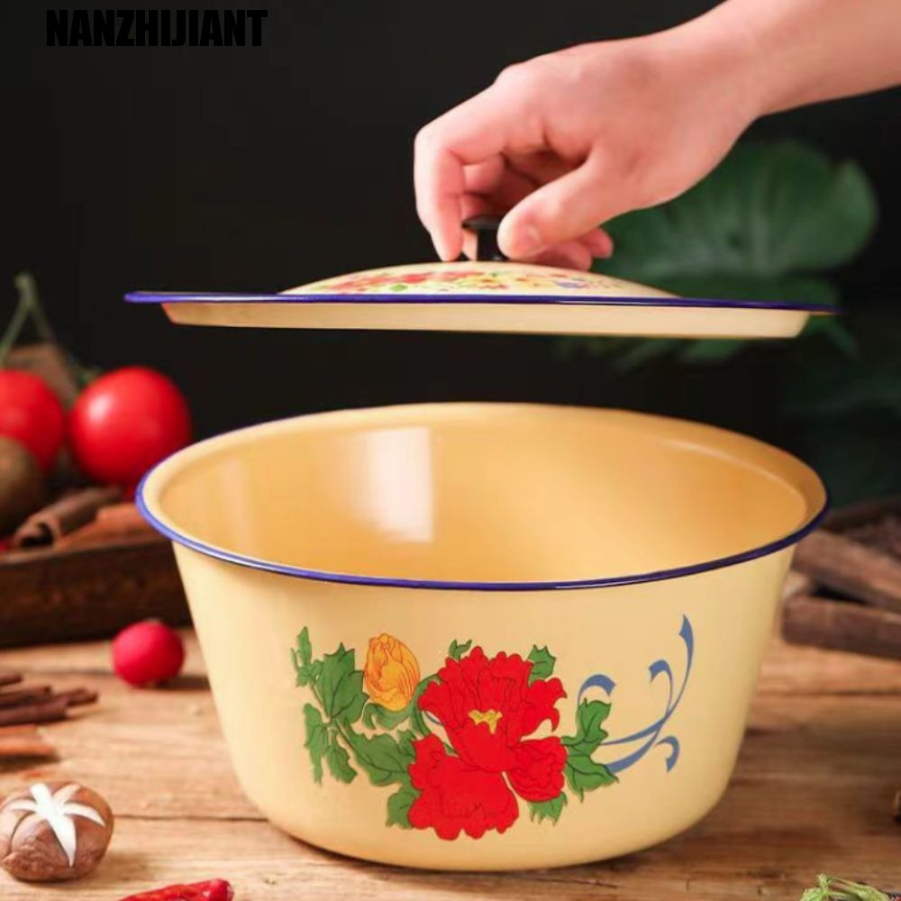 Tigelas Esmaltadas NANZHIJIANT , Com Tampa Bacia De Bolo De Morango Vintage , Pote De Banha Anti-Queda Amarelo Padrão Al