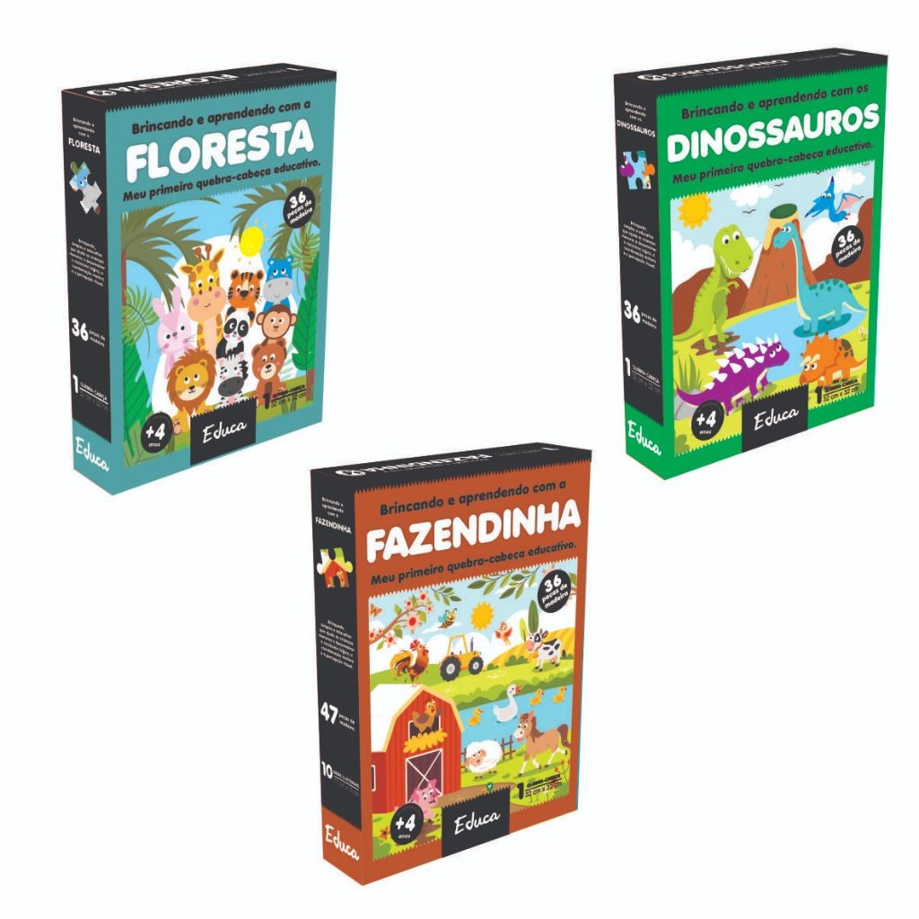 Kit 3 Quebra-Cabeças Dinossauros + Fazendinha + Animais Educativos pedagógicos madeira(36 pçs cada) em Oferta na Shopee
