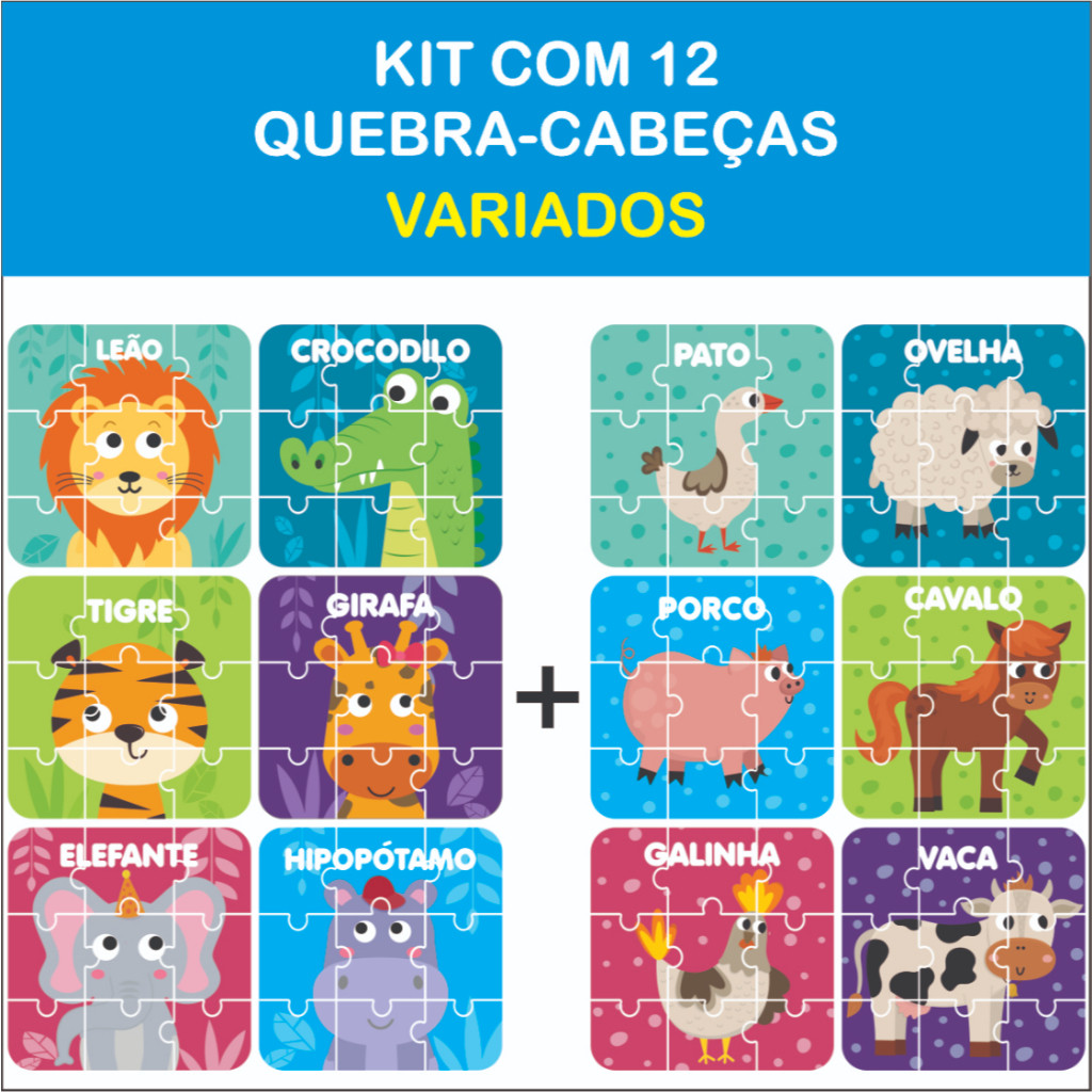 Kit 12 Quebra Cabeça Animais em Mdf 9 Peças Jogo Pedagógico Infantil Lúdico Educativo MDF 15x15 cada