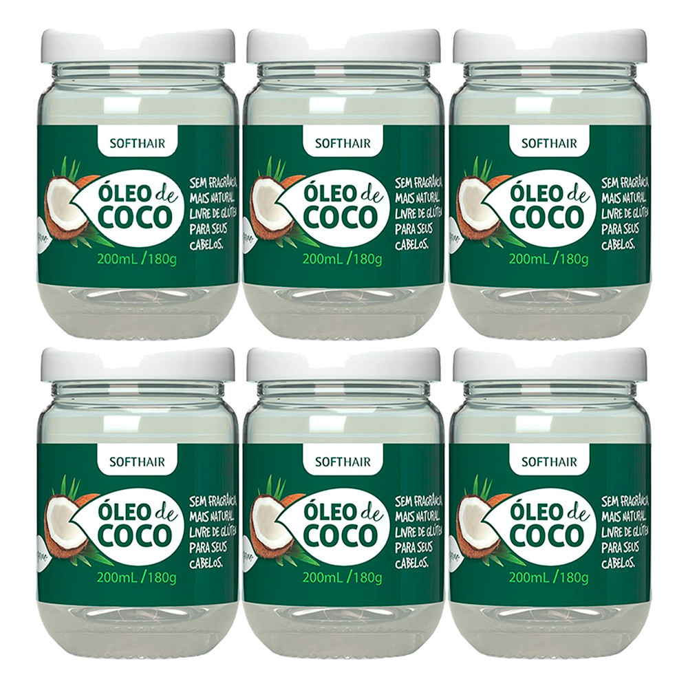 Kit 6 Óleo de Côco Virgem para Cabelo e Pele Rosto Tratamento Capilar Umectação 180g Soft Hair