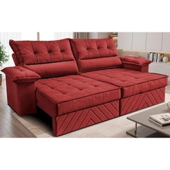 Sofá Retrátil e Reclinável 2,40m com Molas e Espuma D33 Thunder Velusoft Vermelho Cama inBox